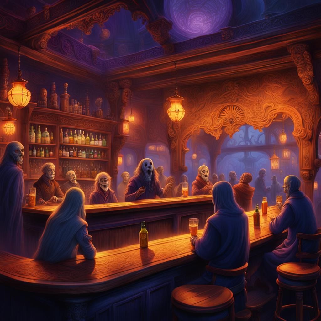 Ghostly Patron's Mischief: A Fantasy Bar Scene