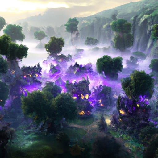 Enchanted Purple Fae Houses in Lush Forest