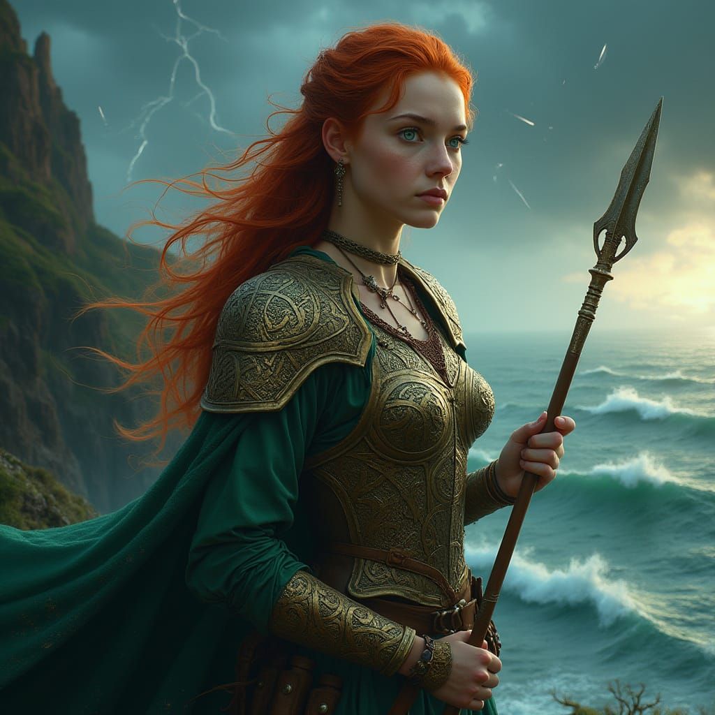 Fiery Celtic Warrior Stands Against Stormy Sea