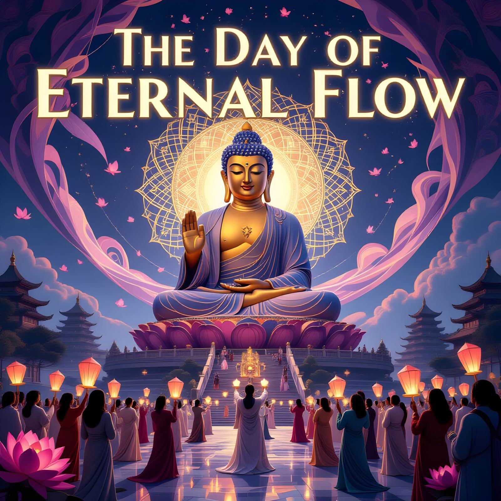 Buddha Statue with Mandalas & Lotuses in 3D Render