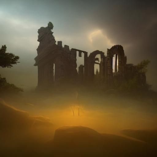 Ethereal Landscape Painting: Ancient Ruins and Moody Sky