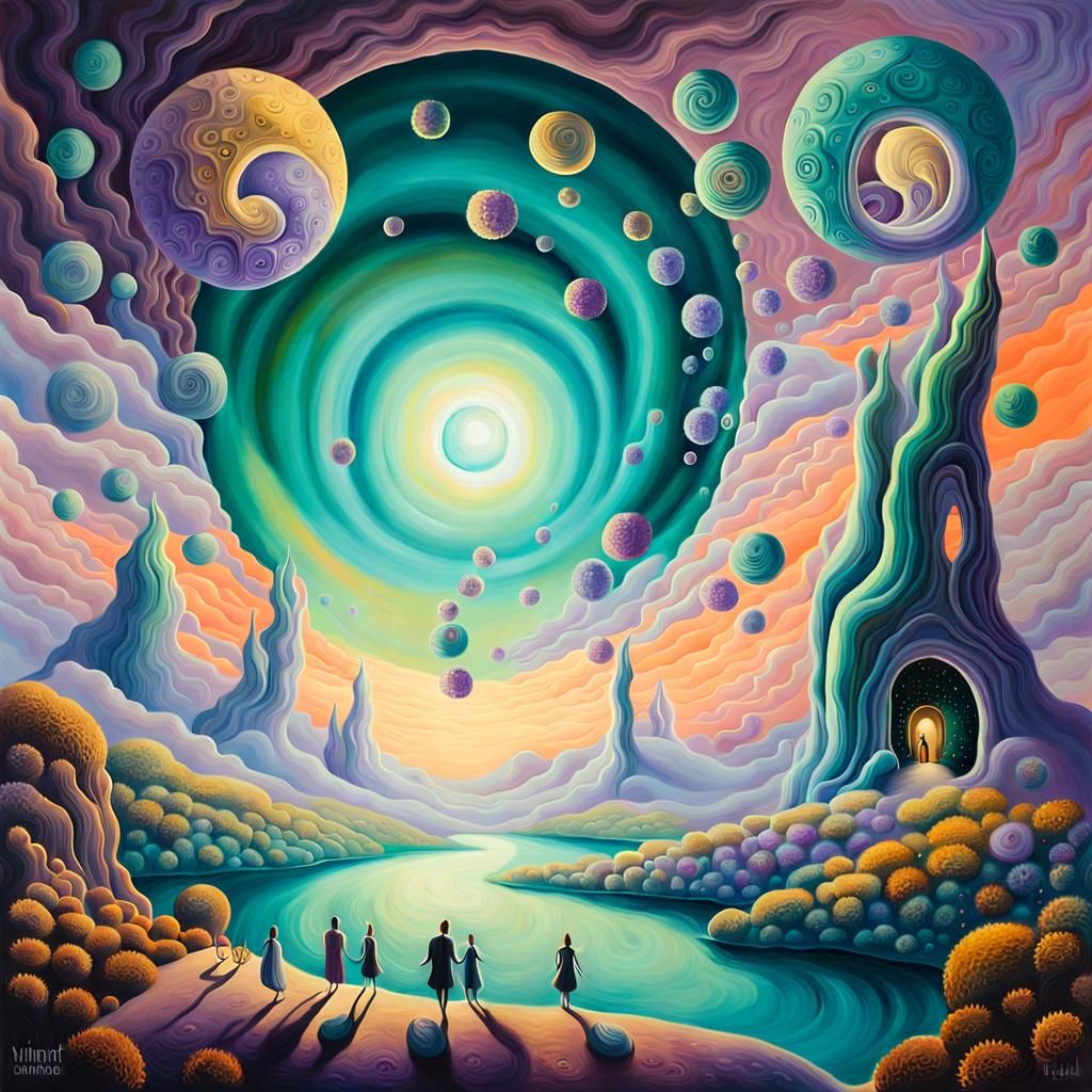 Surreal Creatures Gather at Glowing Portal, Surrealist Paint...