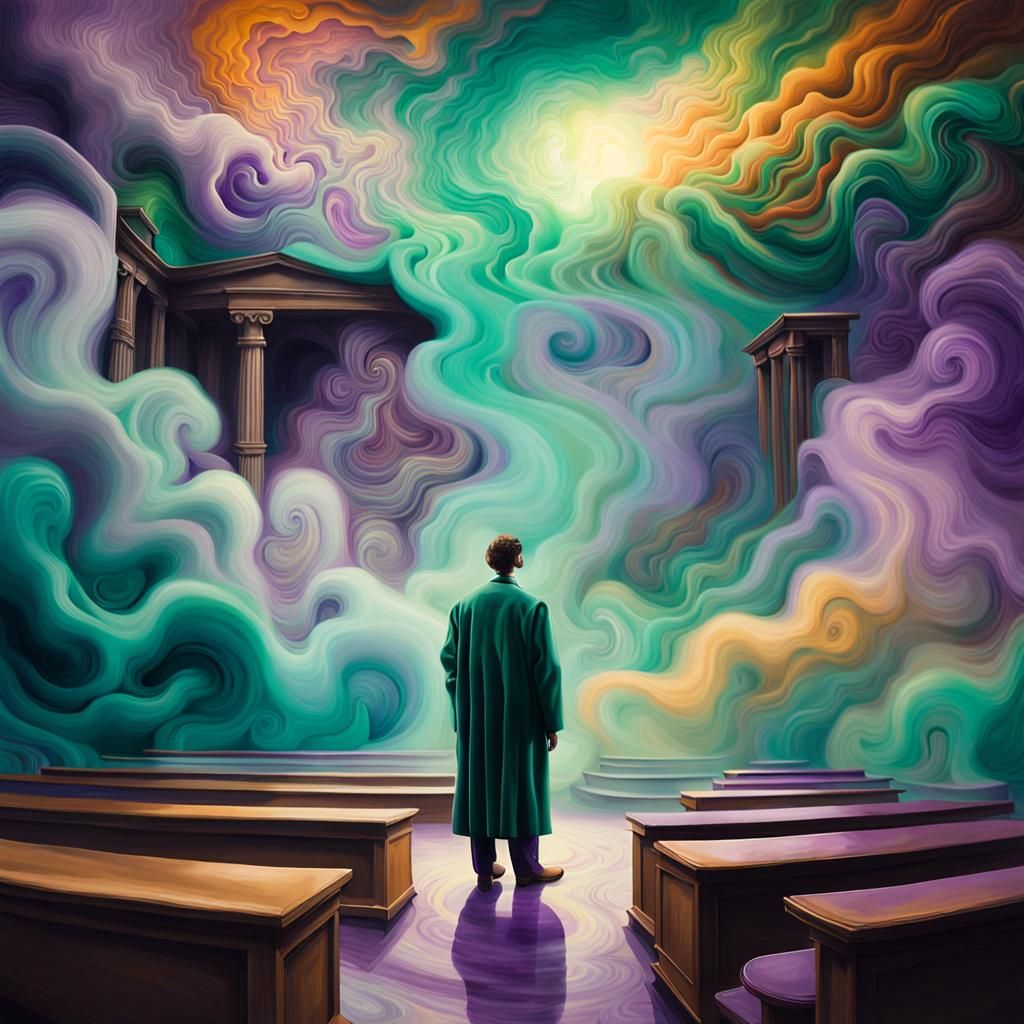 A Dreamlike Courtroom Scene in Vibrant Viridian and Amethyst