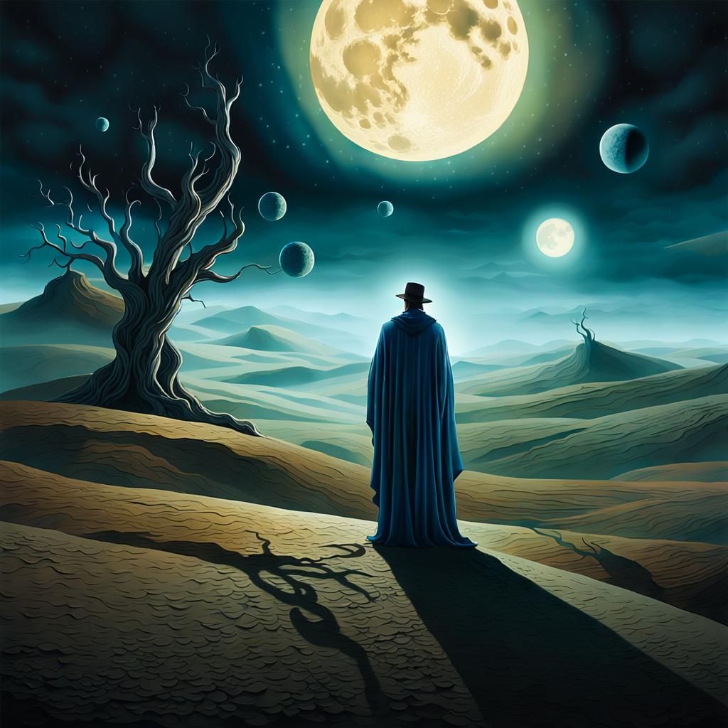 Mystical Figure in Surreal Dreamscape, Viridian and Amethyst