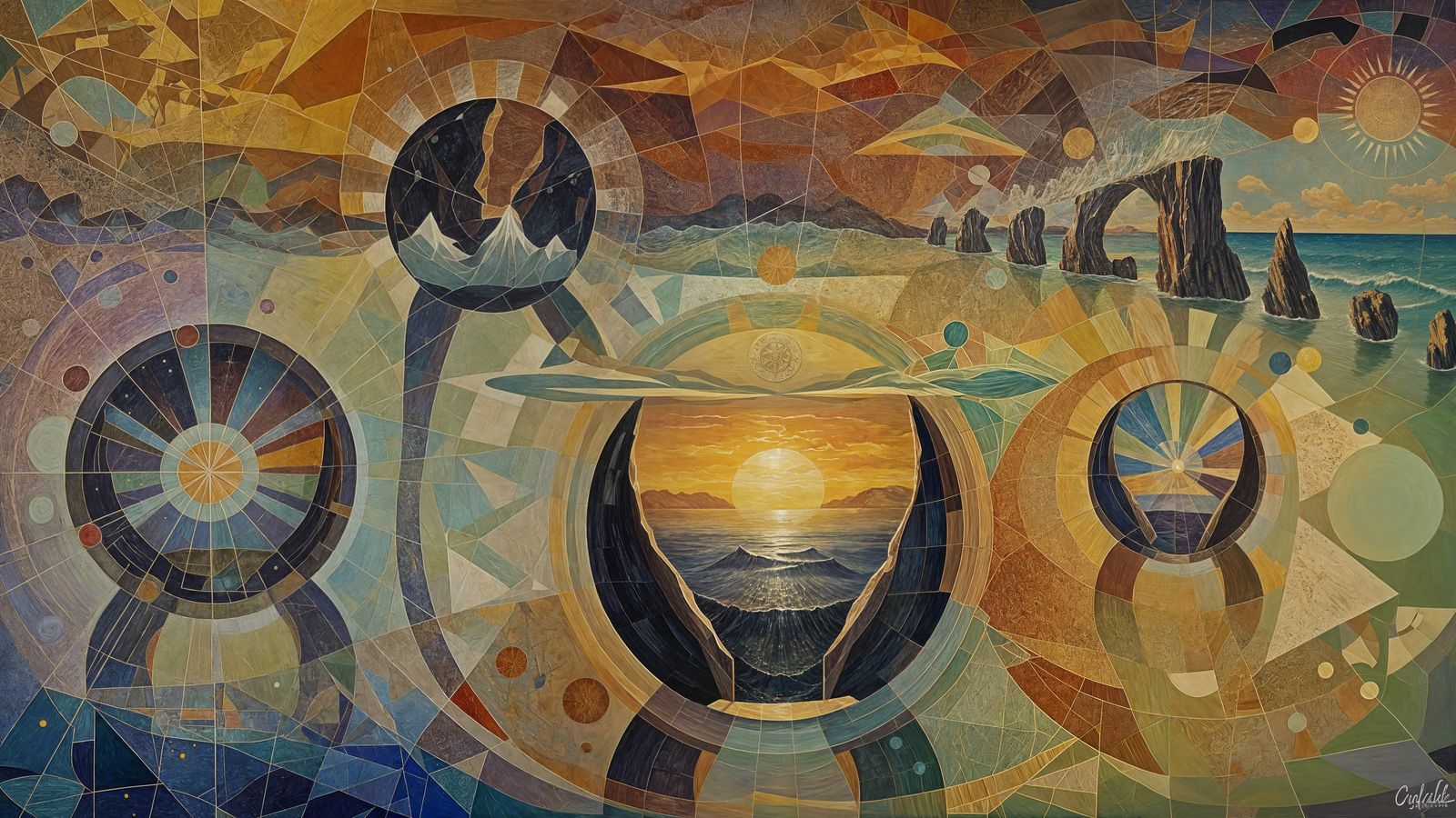 Surreal Seascape with Geometric Stained Glass