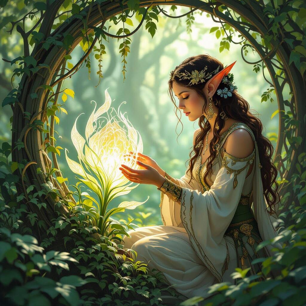 Art nouveau. Medium shot. An elven botanist carefully tends ...