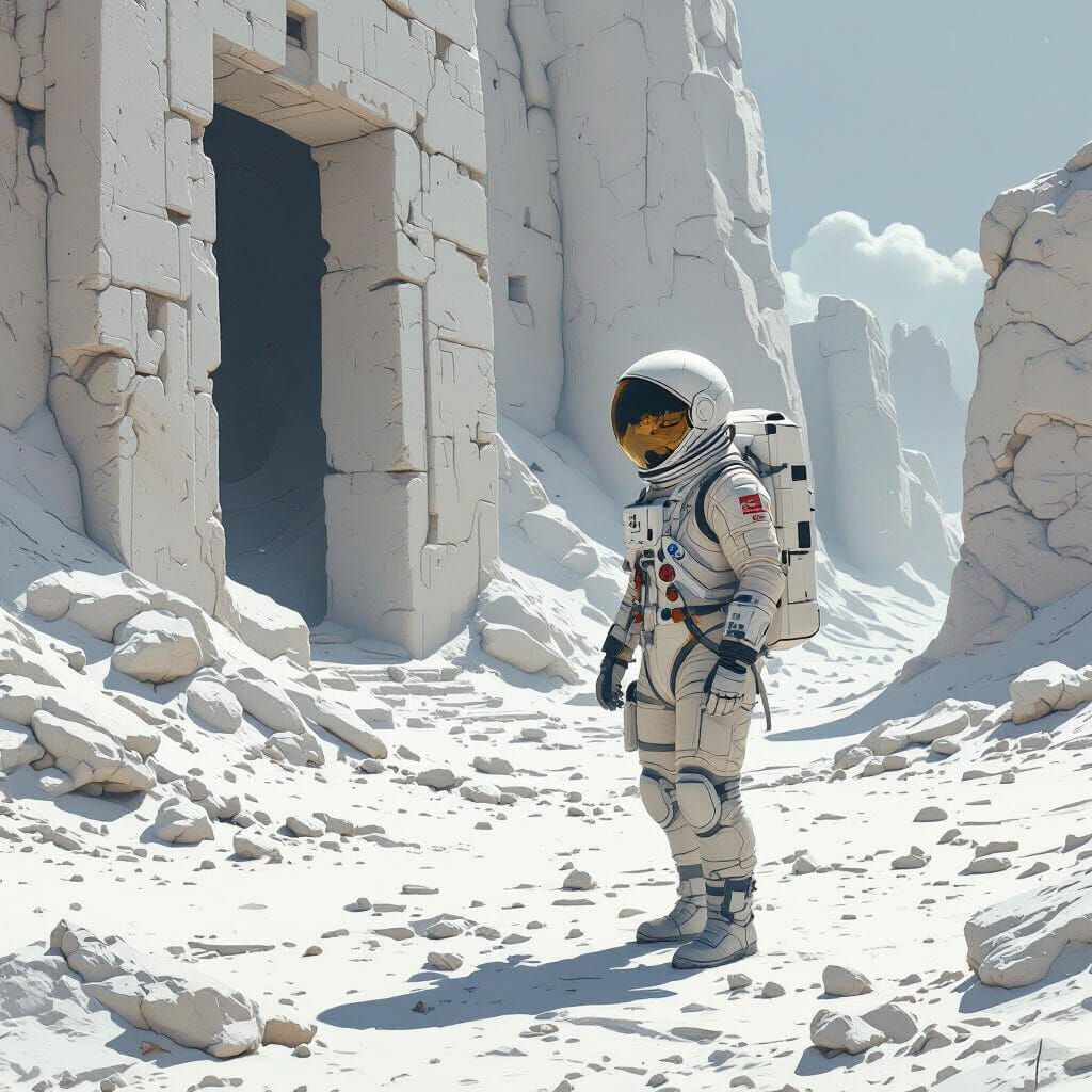 Astronaut Explores Ancient Ruins in Futuristic Style