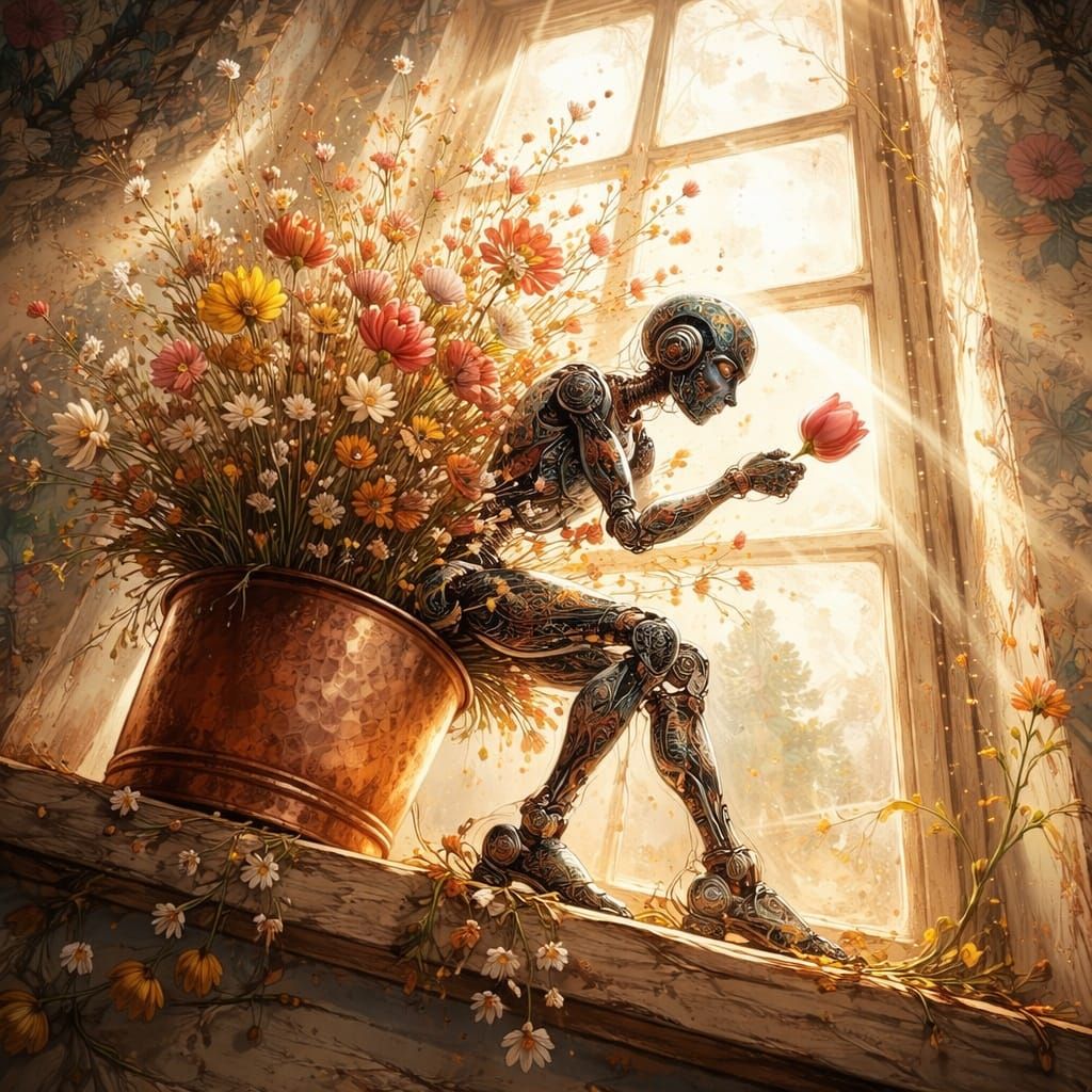 Zentangle Robot with Flowers in God Rays