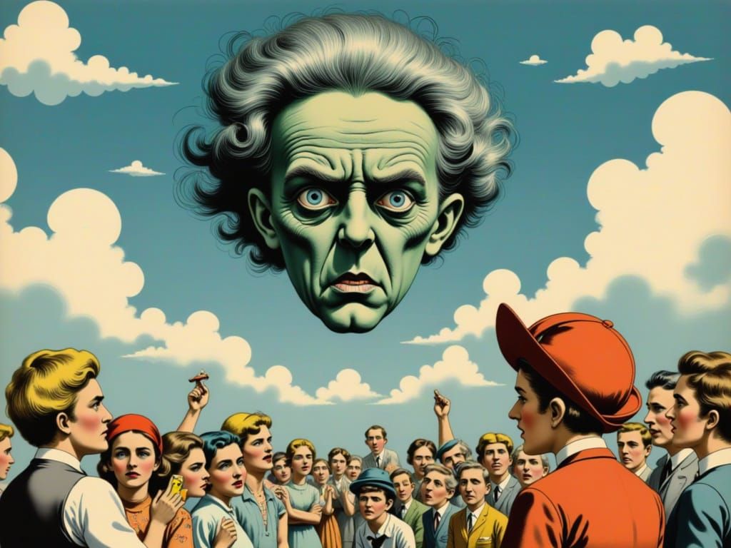 Grumpy Sky Face Scolding People: Whimsical Illustration