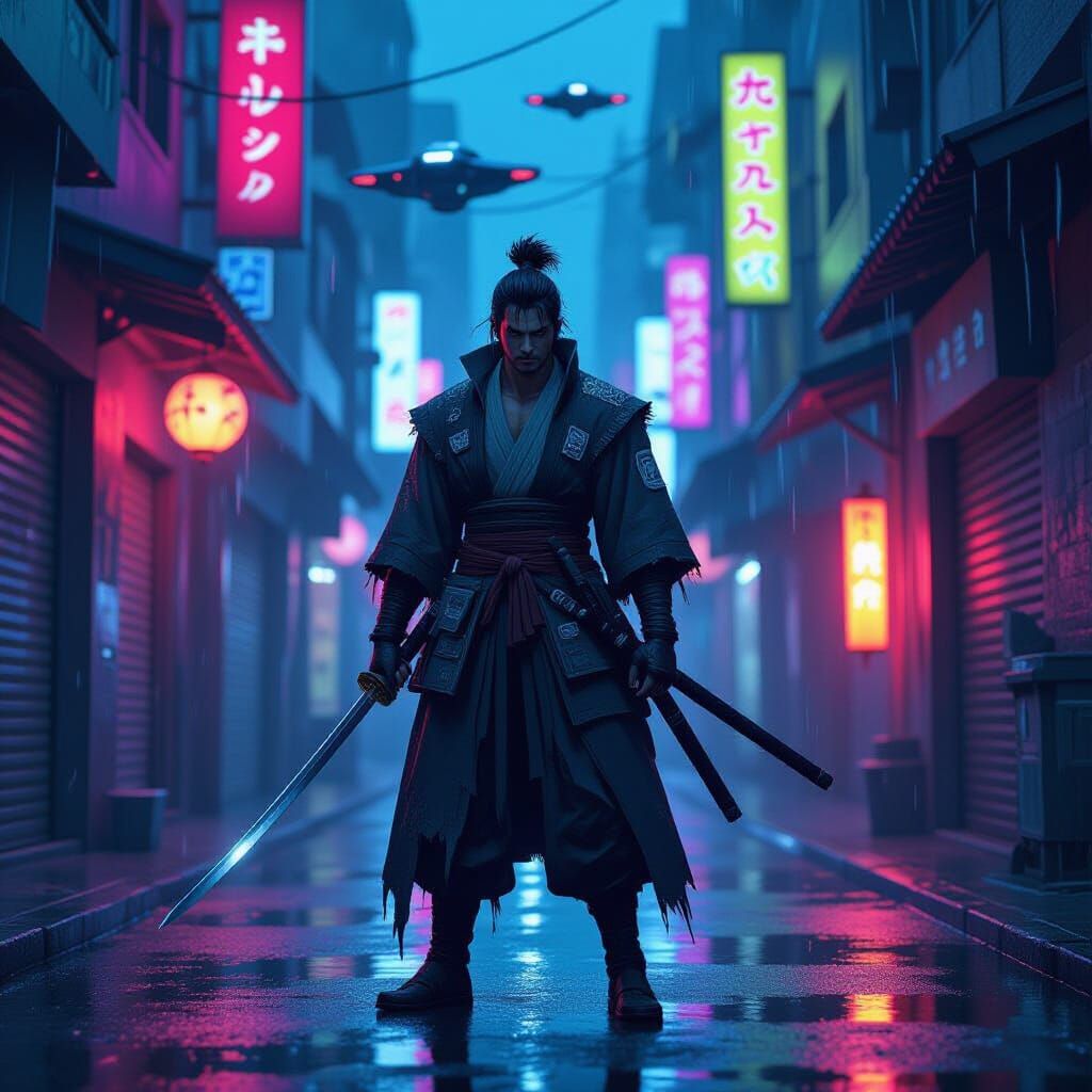 Anime Samurai in Neon City Alleyway at Night