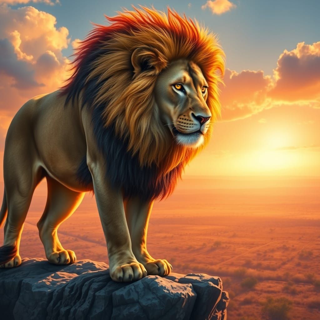 Lion with Fiery Mane Overlooking Savanna, Hyperrealistic Sty...