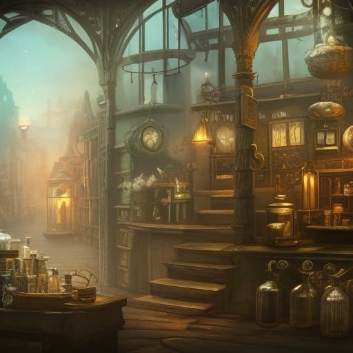 Steampunk Magical Apothecary in Detailed Matte Painting