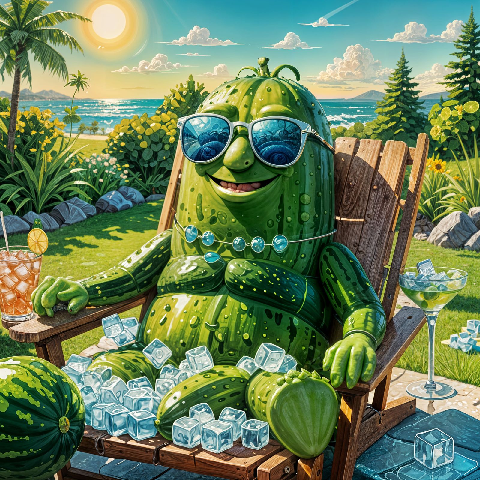 Anthropomorphic Cucumber Cools Off in Ice Bath