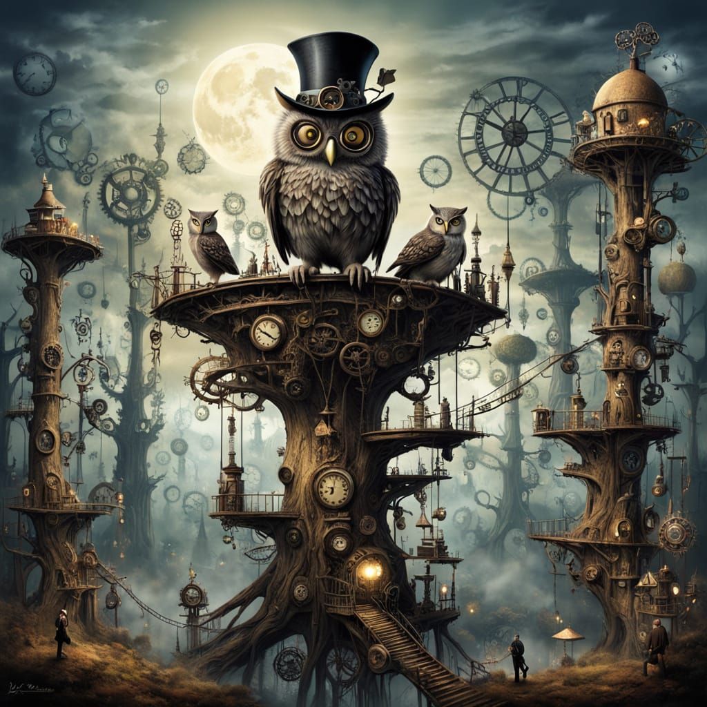 Steampunk Owl on Clockwork Tree in Surreal Forest