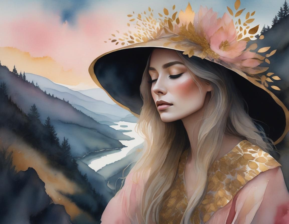Ethereal Woman in Golden Light: Watercolor Fantasy