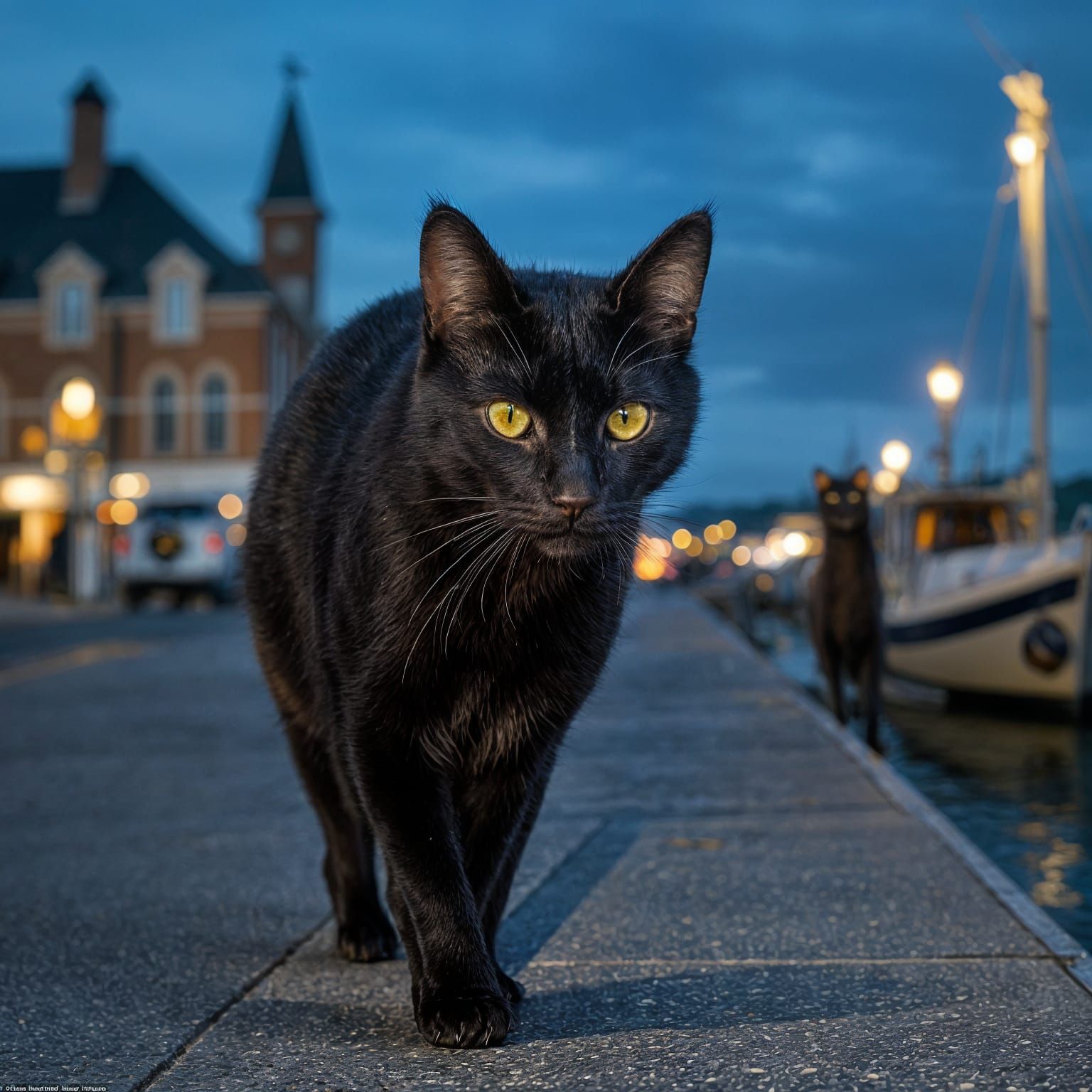 Sleek Black Cat Strolls by Midnight Harbor