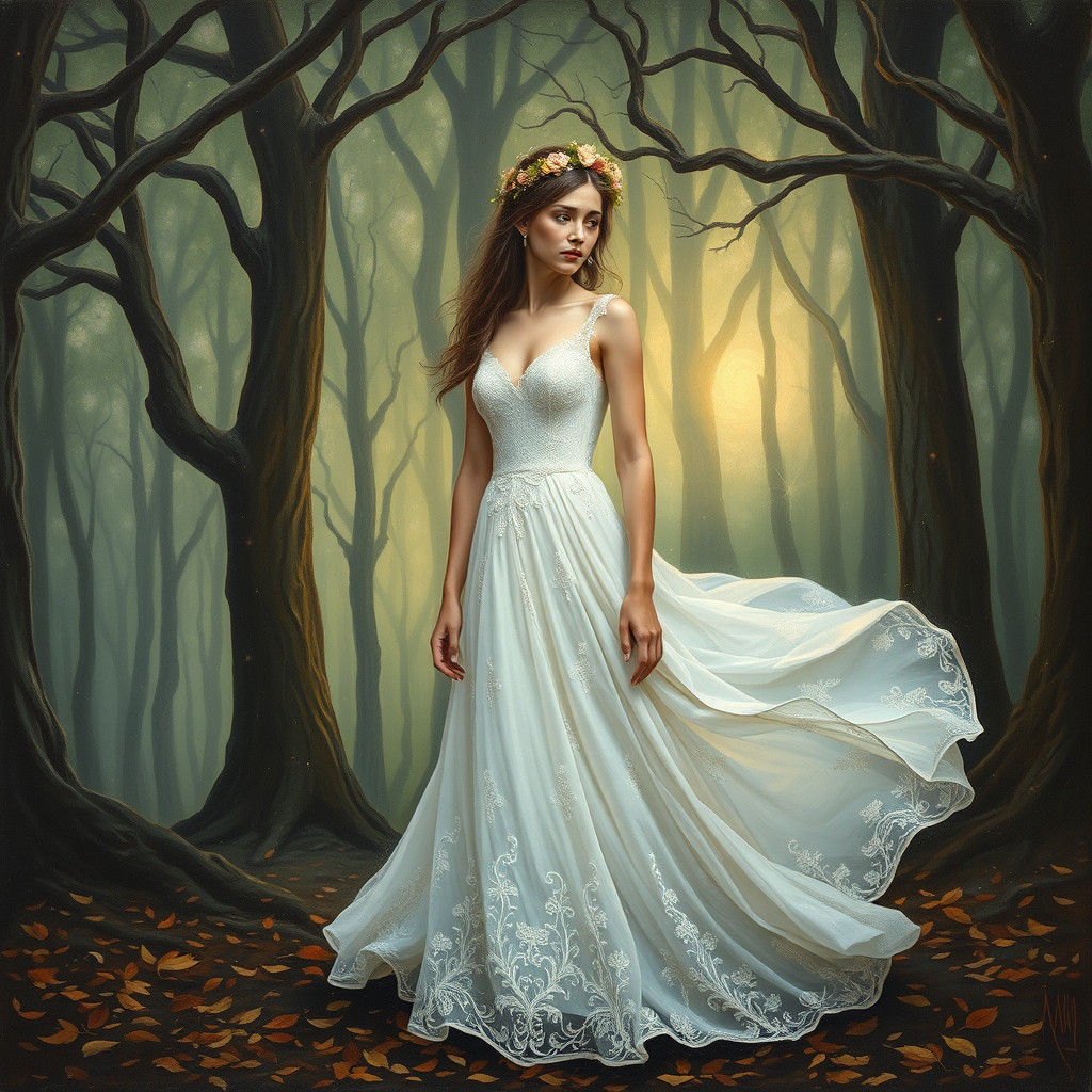 Bride in Sorrowful Forest with Stardust, Expressionist Style