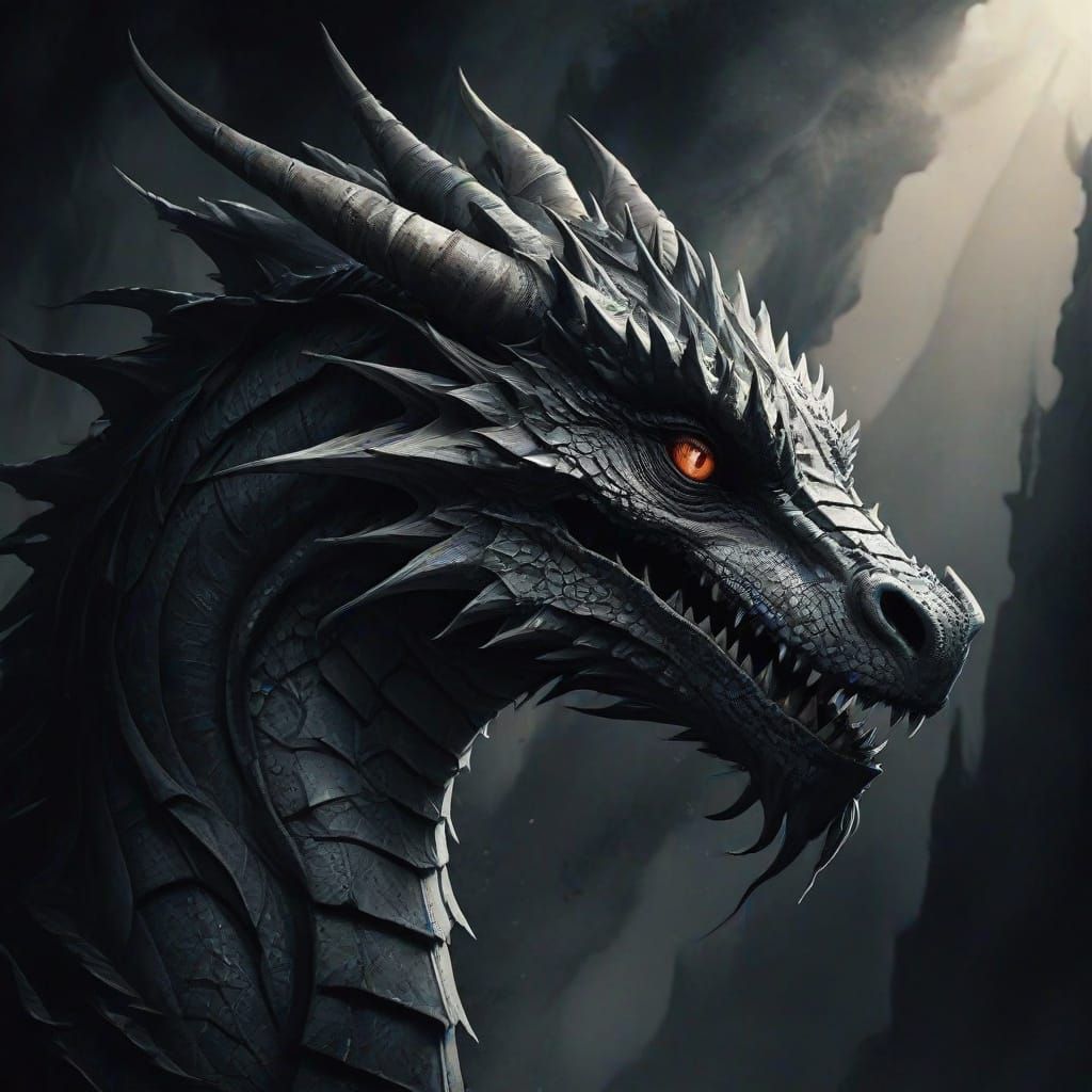 Majestic Dragon Emerges from Dark Mystical Background in Ink...