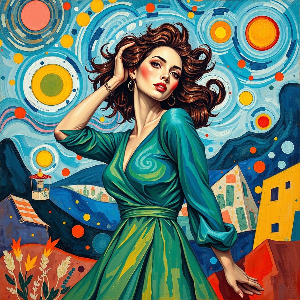 Vibrant Woman in Cubist Landscape, Impasto Painting