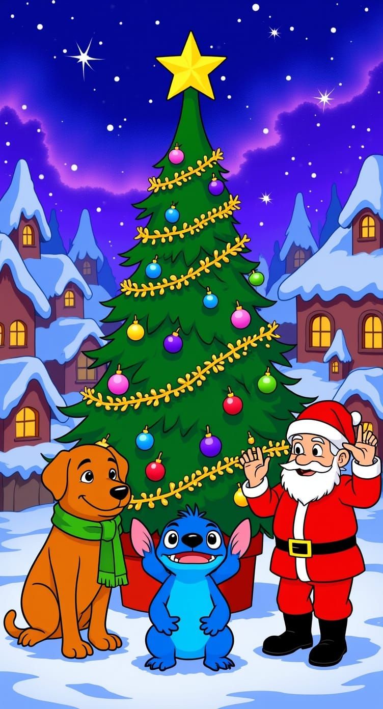 a whimsical scene featuring Scooby-Doo, Stitch, and Santa Cl...