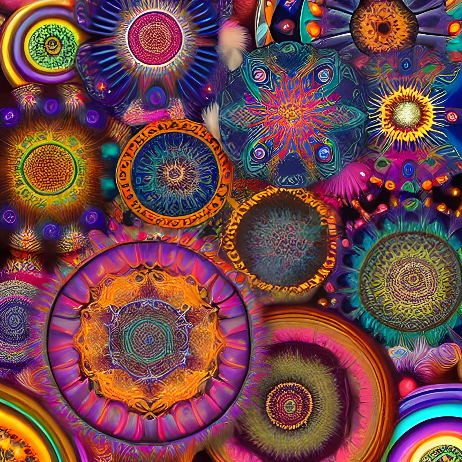Ayahuasca Mandalas with Feathers and Beads in Digital Art