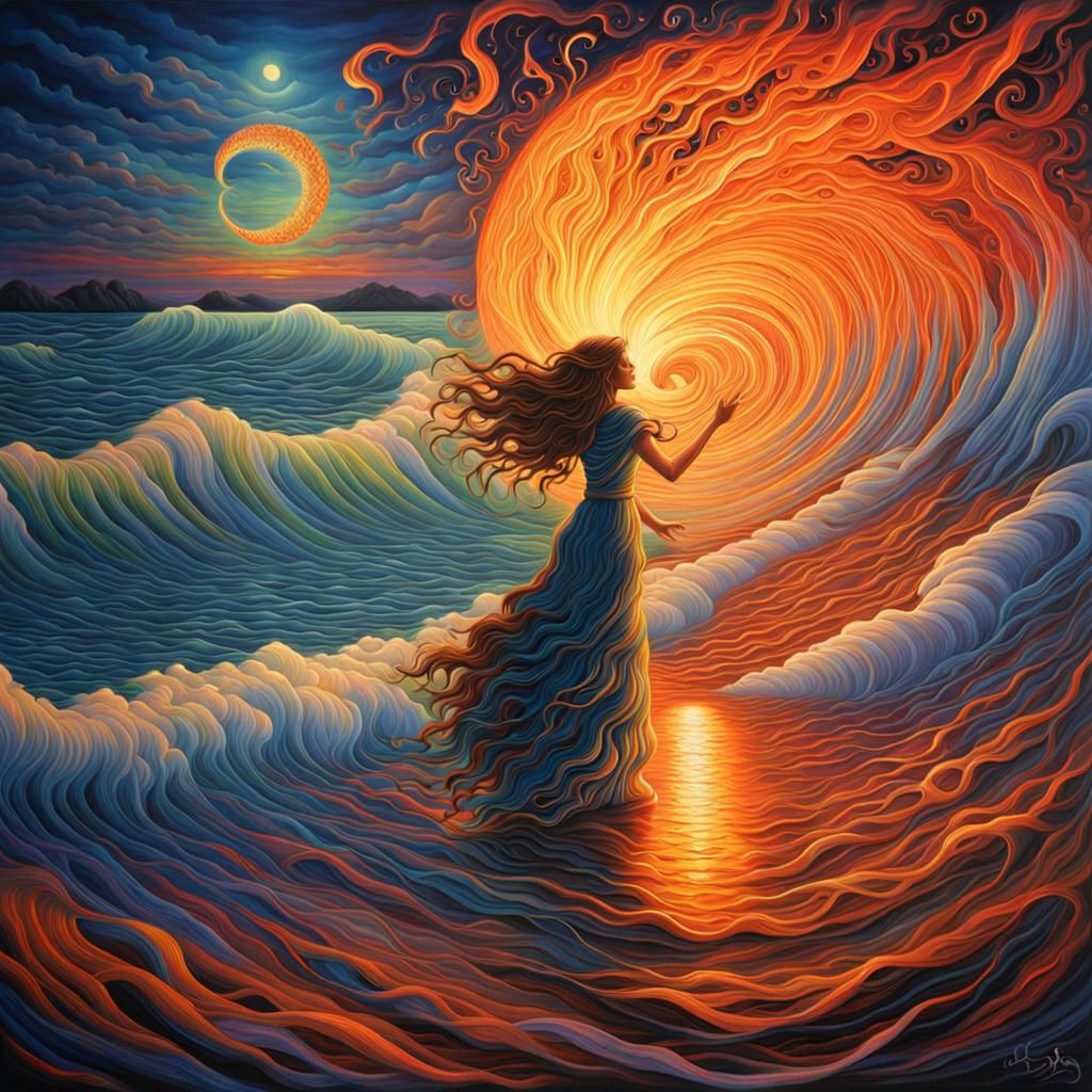 Fairy Witch Flies Towards Fiery Sunset Shore