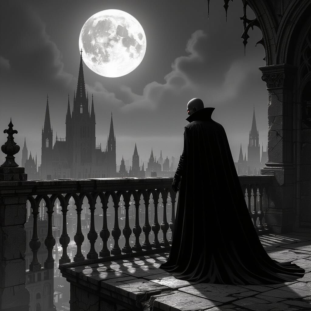 Vampire Lord on Balcony Overlooking Moonlit Cityscape