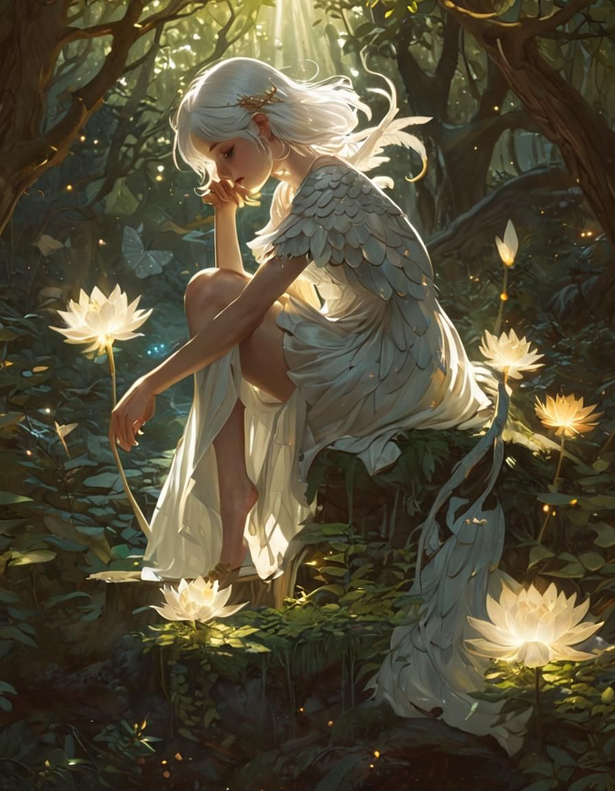 Ethereal Girl with Dragon in Mystical Forest