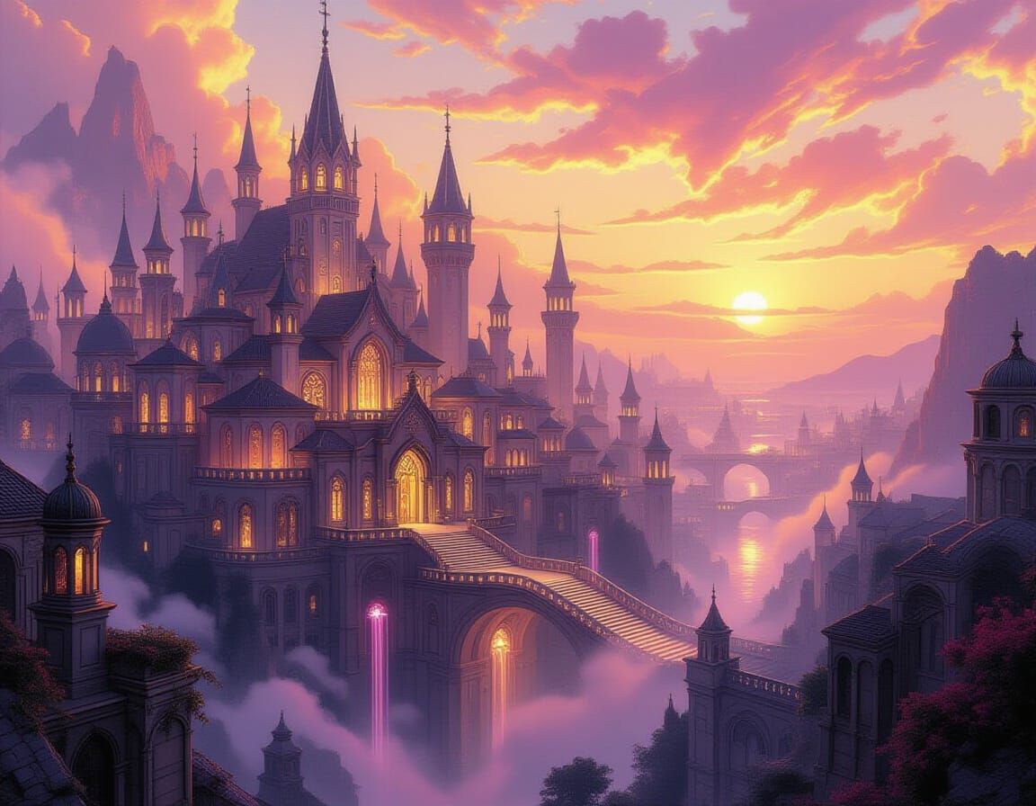 Enchanted City Glows with Ethereal Light in Fantasy Art Styl...