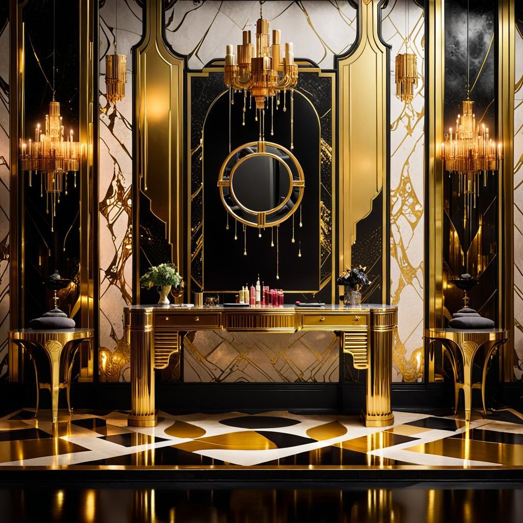 (Art Deco10.00),(Dark scary Large interior room,Liquid gold ...