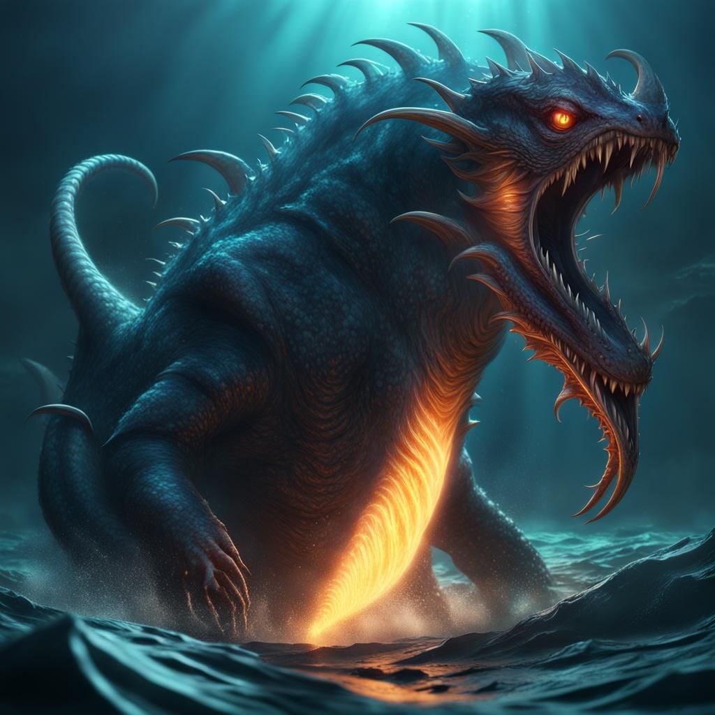 Sea Monster with Hooked Claws and Glowing Tail