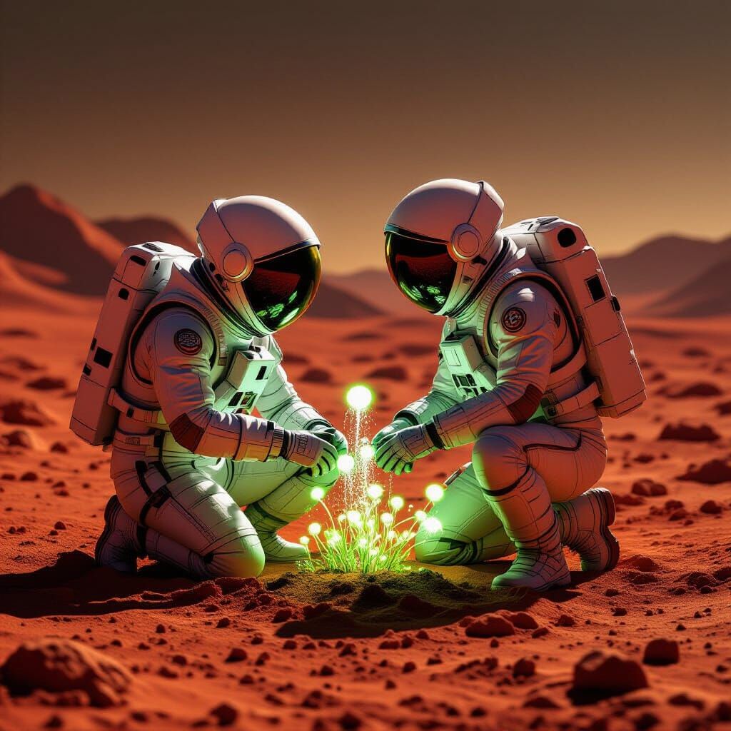 Astronaut Tends Alien Garden on Mars