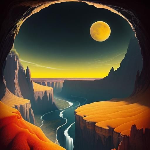 "A landscape scene in the style of surrealism or impressionism, or attempt to blend elements of both, with a focus on wa...