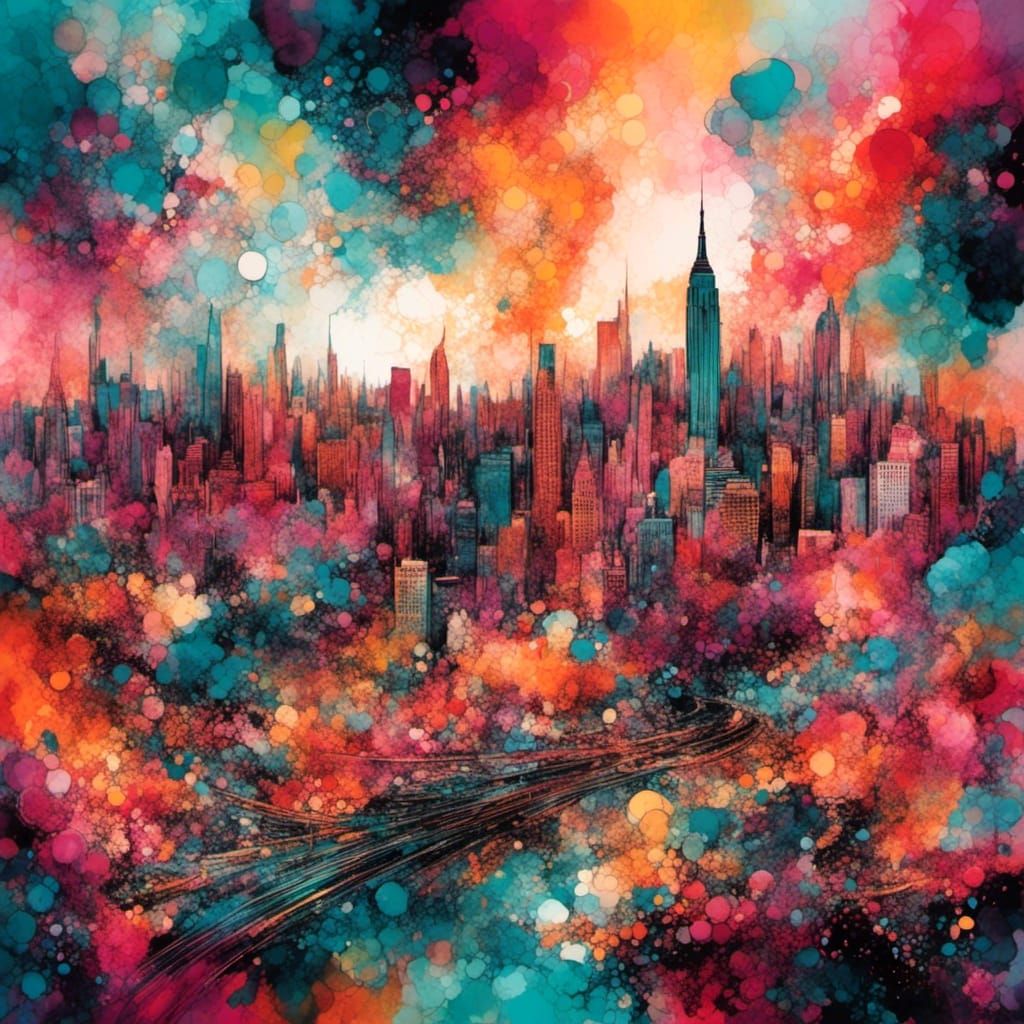 Stylized Cityscape in Colorful Abstract Explosion