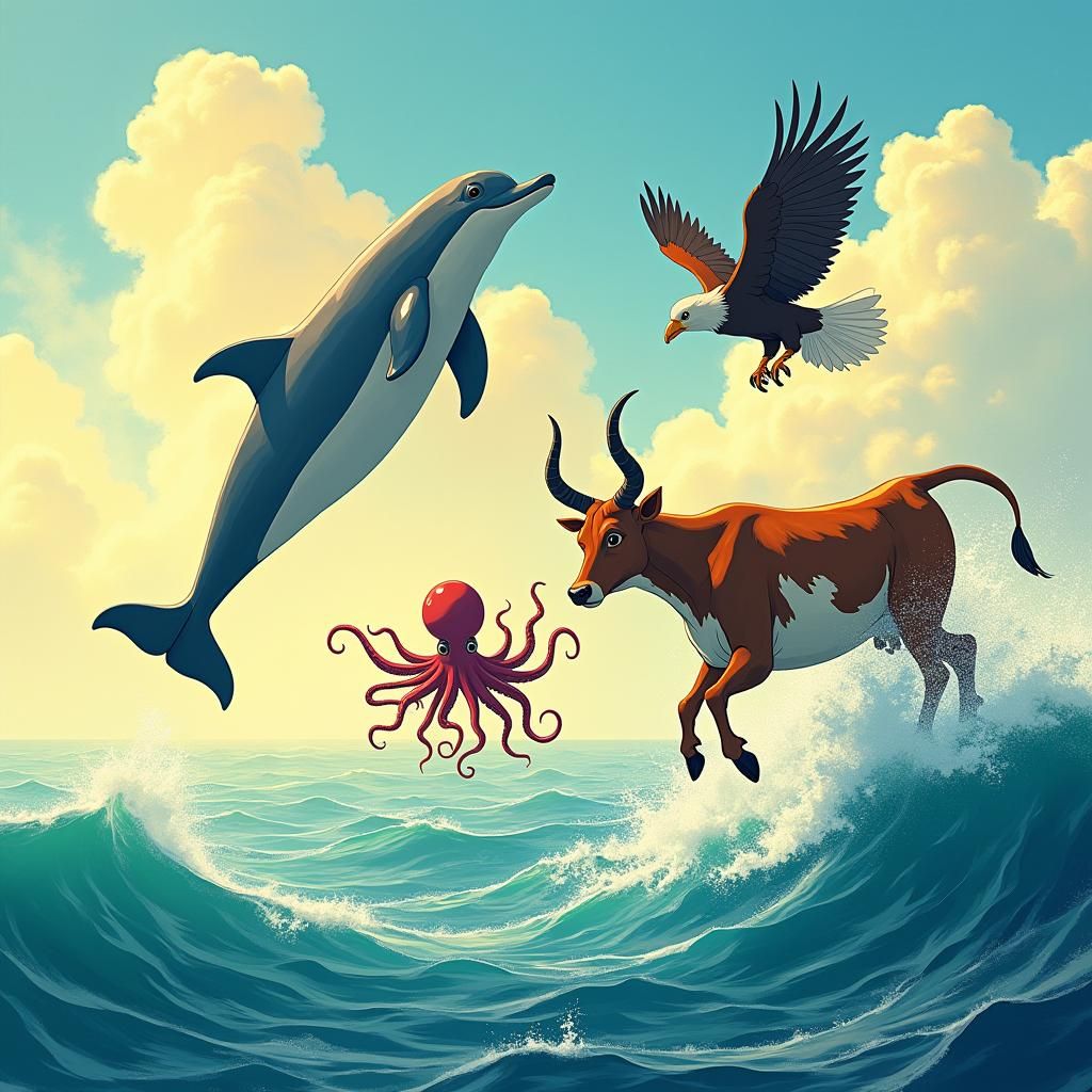 Animals Fly Over Ocean in Dreamlike Art Style