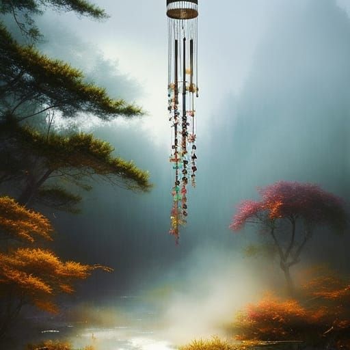 Wind Chimes in Mist, Atmospheric Digital Painting