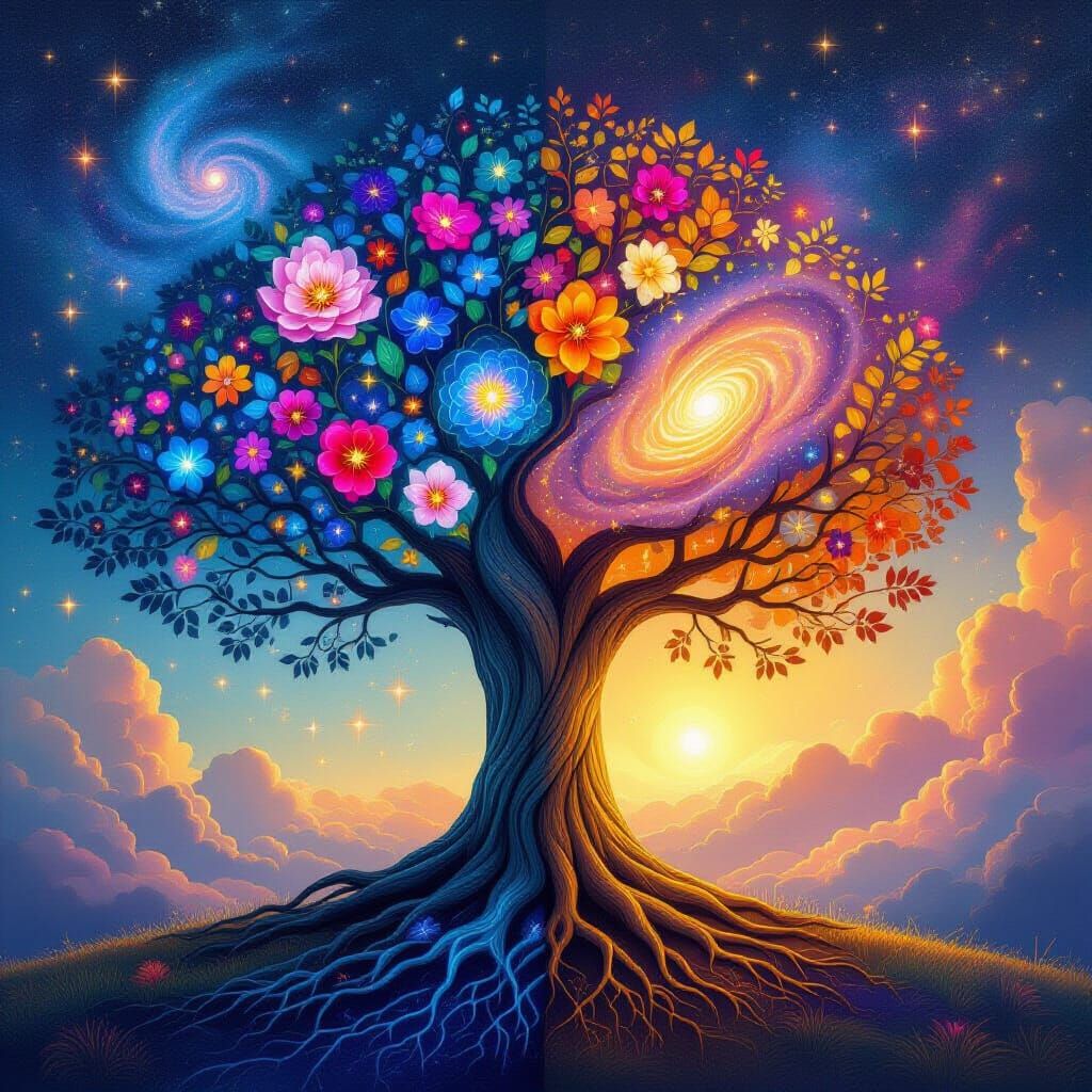 Cosmic Tree with Stardust Leaves and Celestial Blossoms