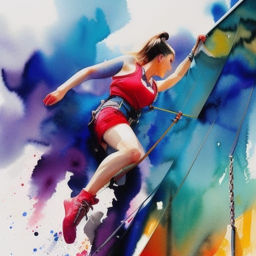 Woman Abseiling: Watercolor Painting with Ink Splashes