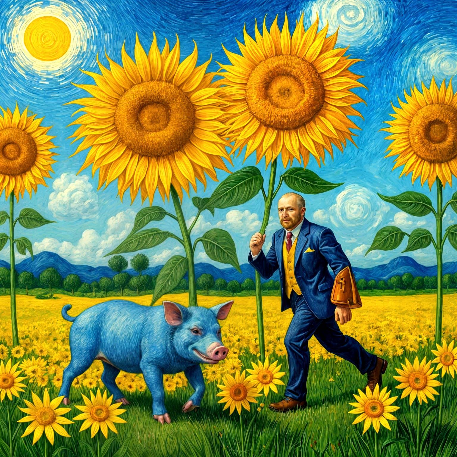 Anthropomorphic Pig in Sunflower Field, Van Gogh Style