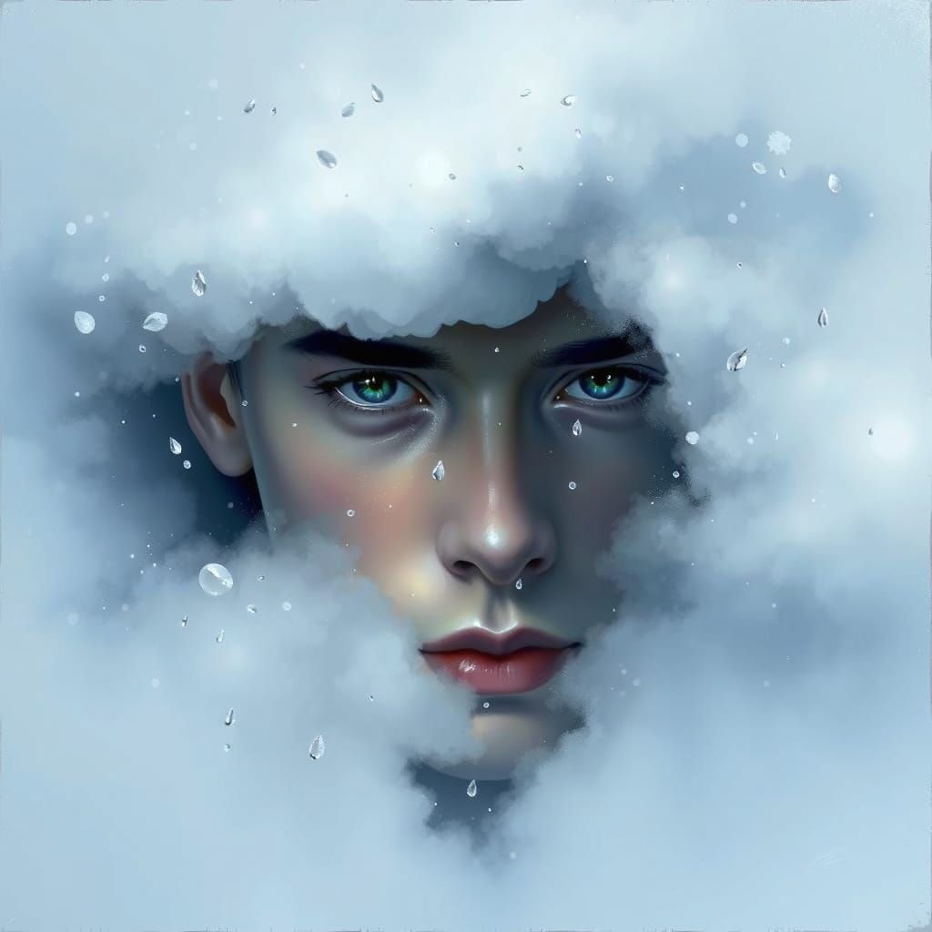 Man with Indigo Eyes and Tulip Cloud in Ethereal Style