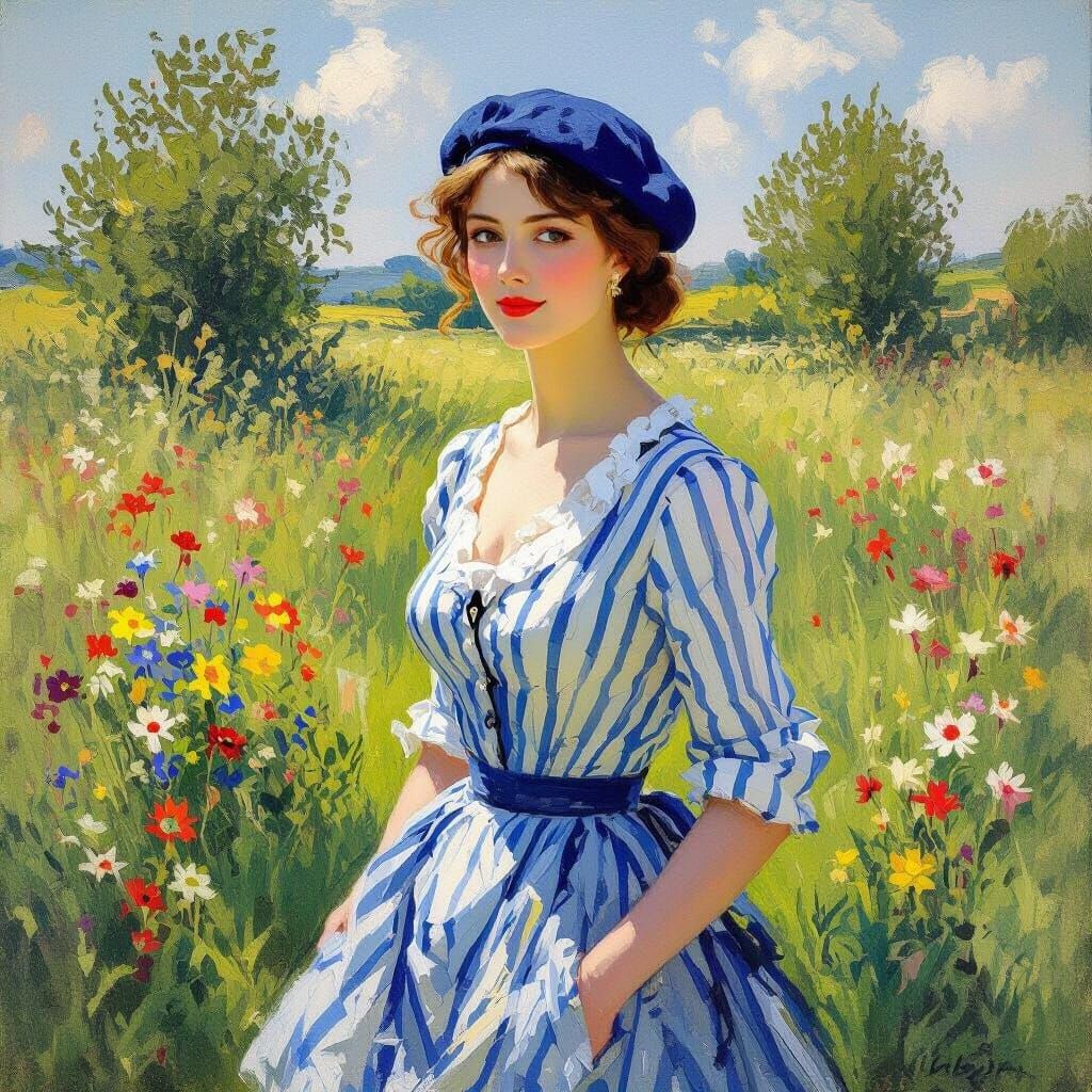 French Woman in Meadow, Impressionist Style