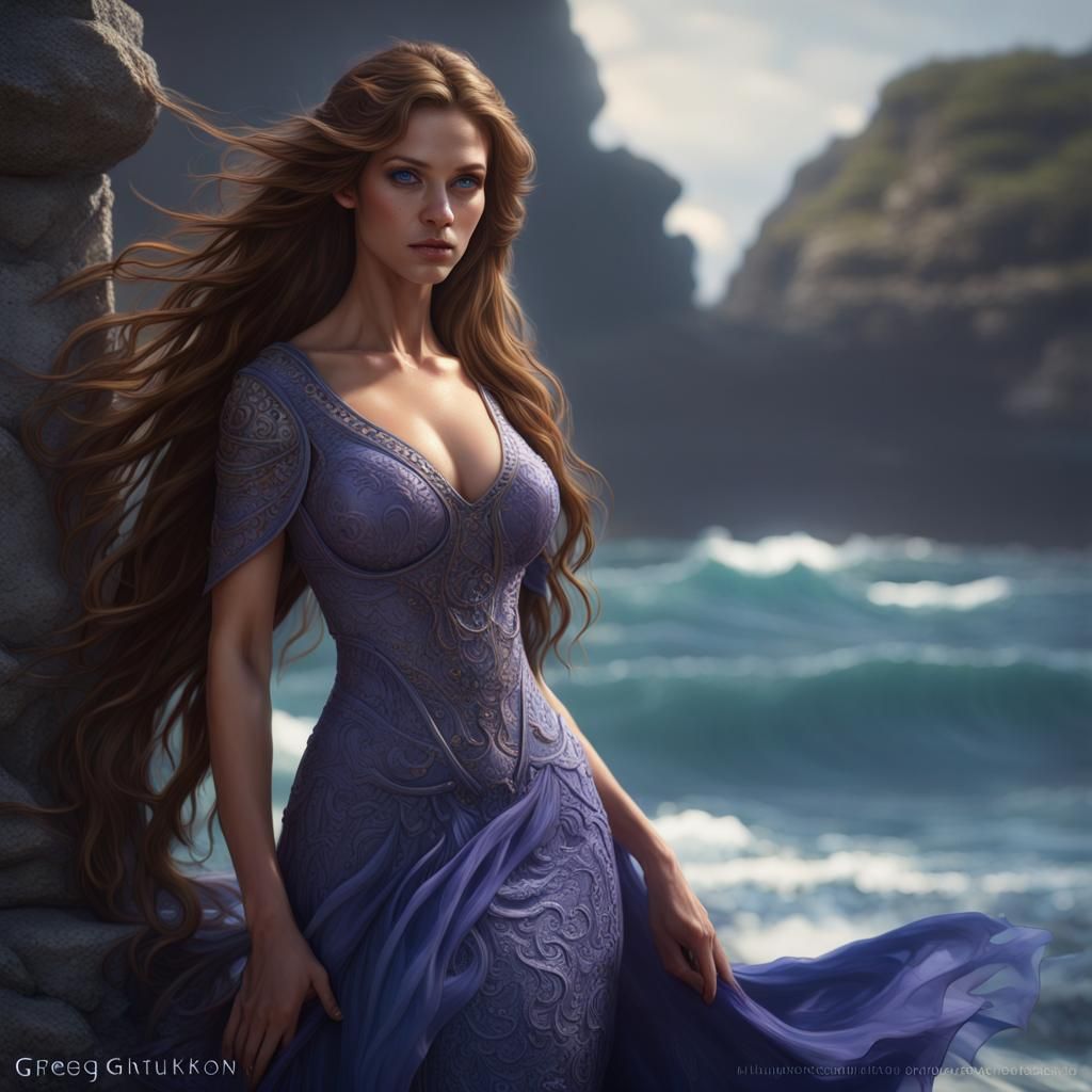Fantasy Woman with Blue Dress, Detailed Digital Art