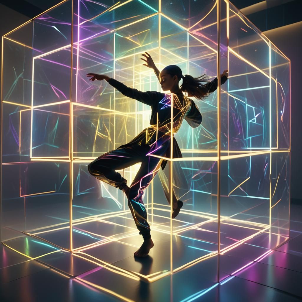 Dancing Figure in Glowing Cube: Concept Art
