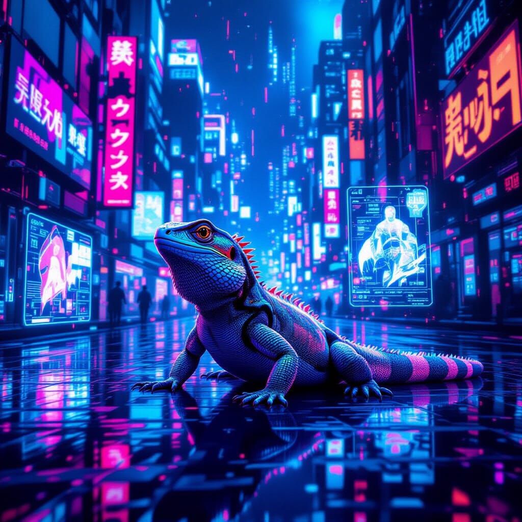 Lizard in a Neon Cyberpunk Cityscape