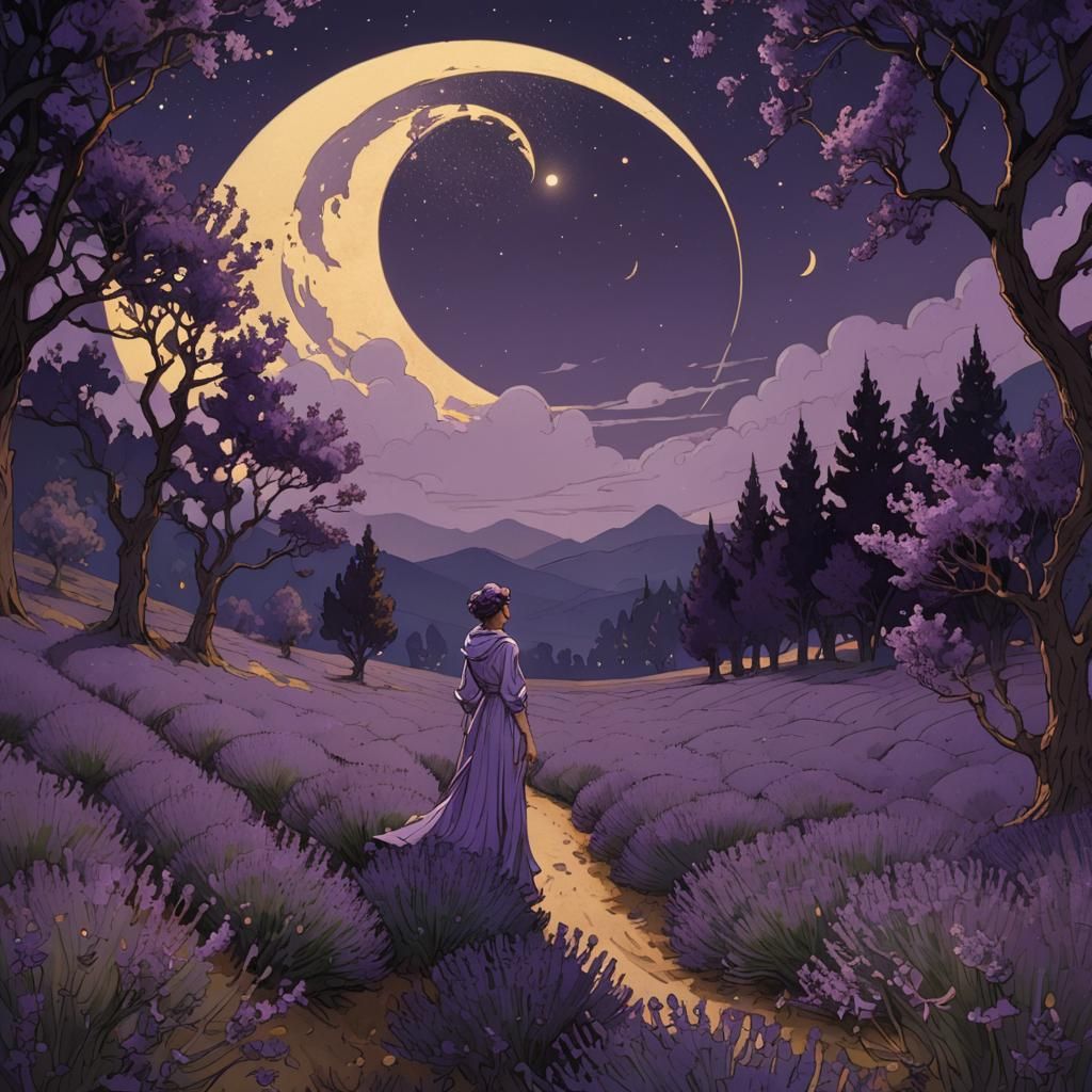 Lavender Field at Night in Art Nouveau Style