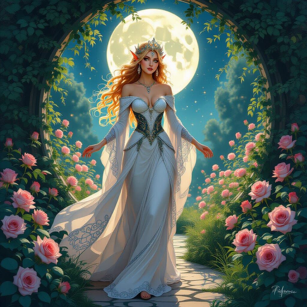 Elven Queen in Bioluminescent Rose Garden, Art Nouveau