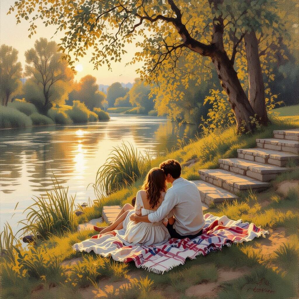 Romantic River Scene with Couple in Golden Hour Light