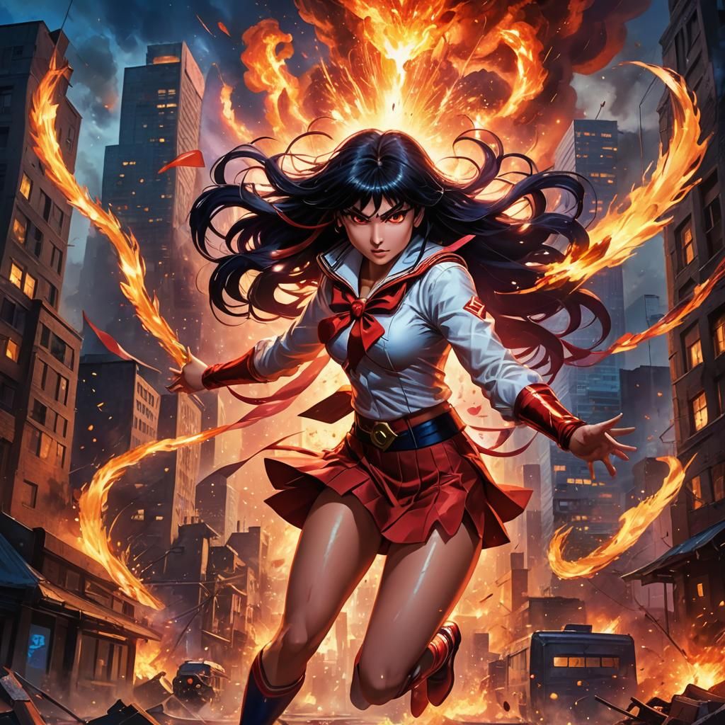 Sailor Mars Battles Monsters in Explosive Comic Style