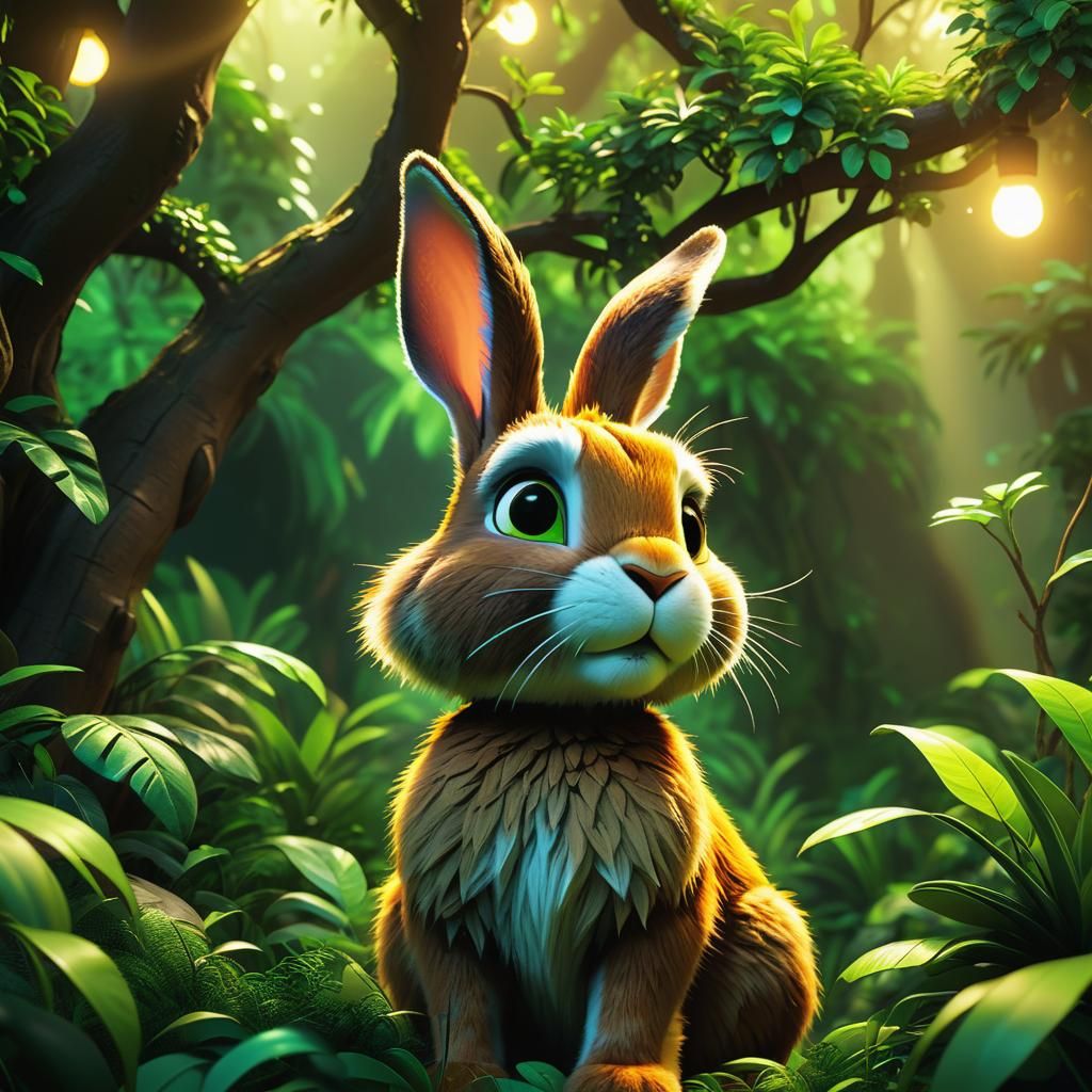 "A cute rabbit in the jungle."