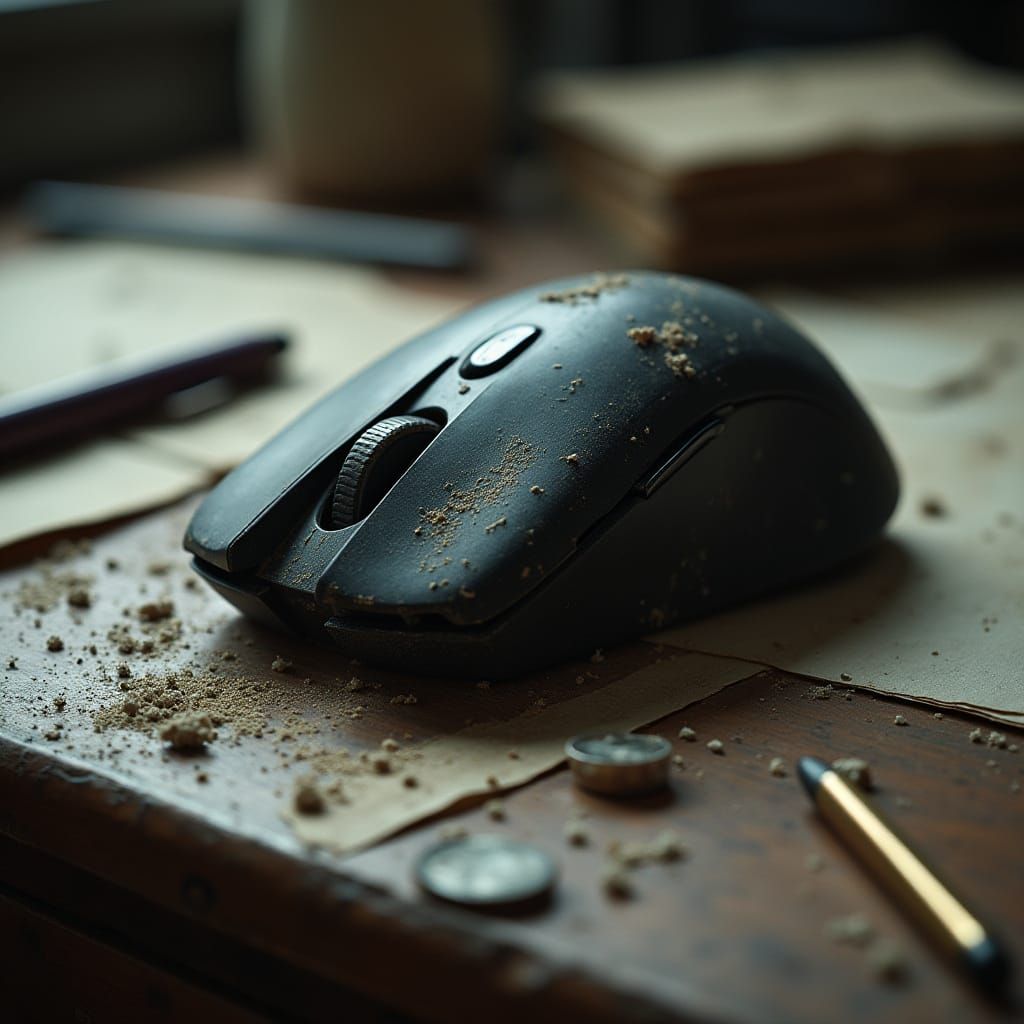 Shattered Computer Mouse in a Haunting Still Life